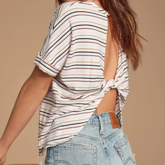 Lulus Tops - Lulu's Perry White Multi Striped Twist-Back Tee